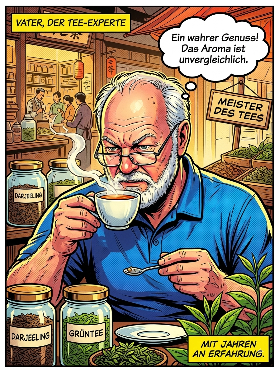 Comic-Illustration: Vater, der Tee-Experte